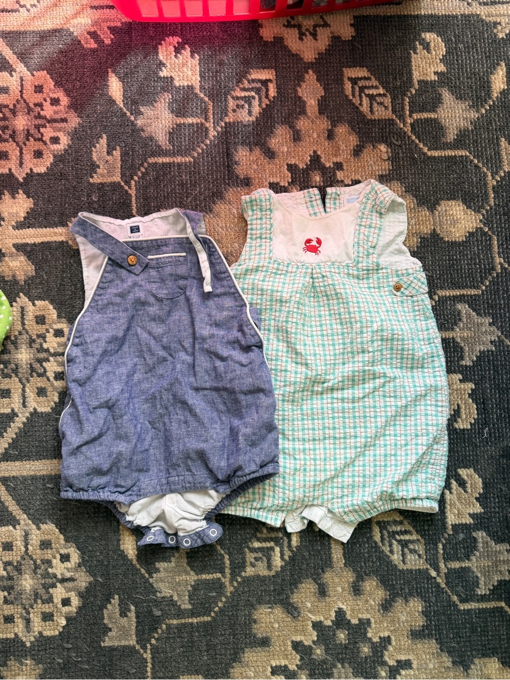 Janie and Jack Blue Chambray and Mint Gingham One-Piece Rompers
